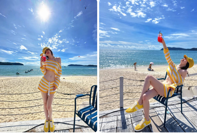 Two side-by-side photos of a woman in a yellow and white striped two-piece outfit and yellow cap posing on a sunny beach with blue skies and ocean in the background.