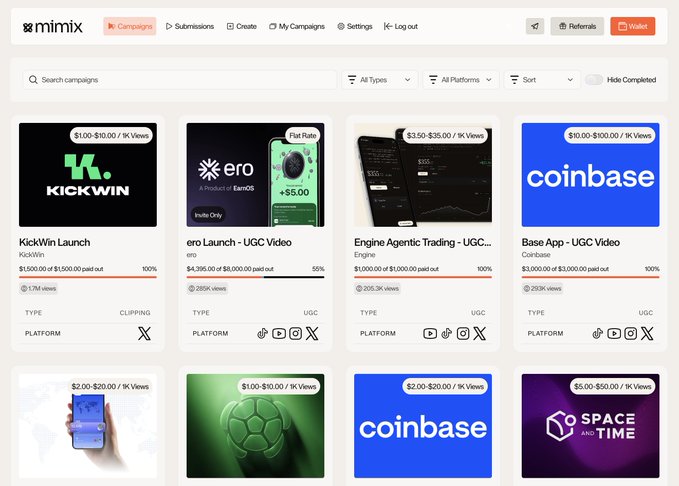 The image shows the Mimix platform dashboard displaying various campaign opportunities for content creators, including KickWin Launch ($1.00-$10.00/1K views), ero Launch-UGC Video ($3.50-$5.00/1K views), Engine Agentic Trading ($3.50-$35.00/1K views), and Base App-UGC Video ($10.00-$100.00/1K views), with payment rates and view counts visible for each. This directly supports the post's message about migrating from Tunnl to Mimix to access new campaign opportunities like Faucets, Boosts, UGC, and clipping opportunities.