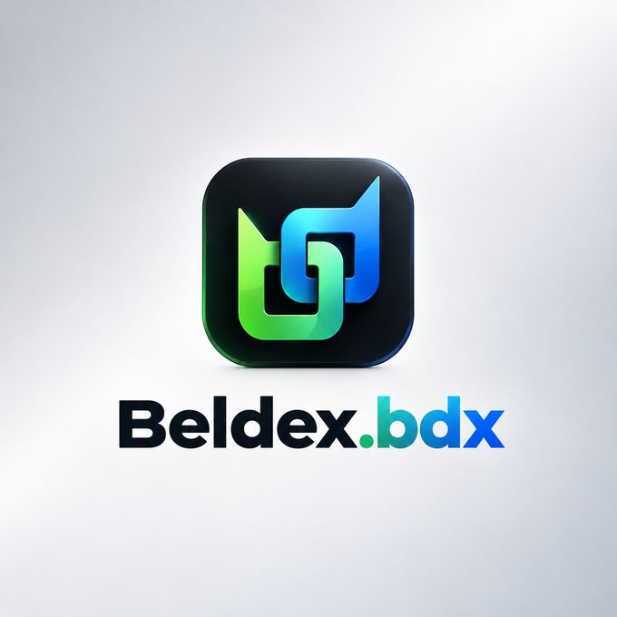 A 3D-rendered logo for 'Beldex.bdx' featuring a stylized green and blue interlocking design inside a black rounded square.