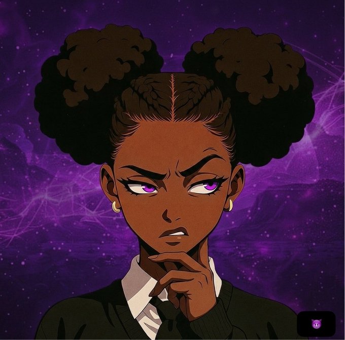 A stylized digital illustration of a woman with dark skin, large afro puffs, and purple eyes in a thoughtful pose against a cosmic purple background with constellations.