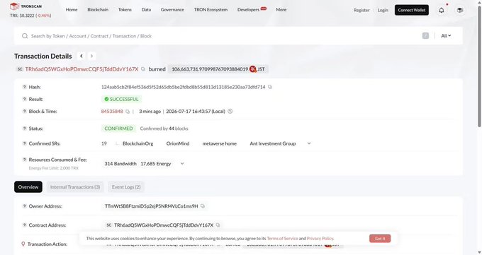 A TRONSCAN transaction details page showing a successful TRX transfer with a hash, block number 84533848, and confirmed SRs including BlockchainOrg and OrionMind.