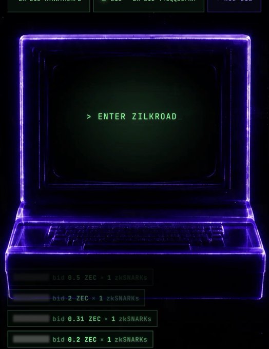A retro-style laptop glowing with purple neon outlines displays a green terminal prompt reading "> ENTER ZILKROAD," representing the Zilliqa-based marketplace. Below the terminal are visible bid amounts denominated in ZEC paired with 1 zkSNARKs, directly illustrating the user's bid placement for the zkSNARKs NFT auction.