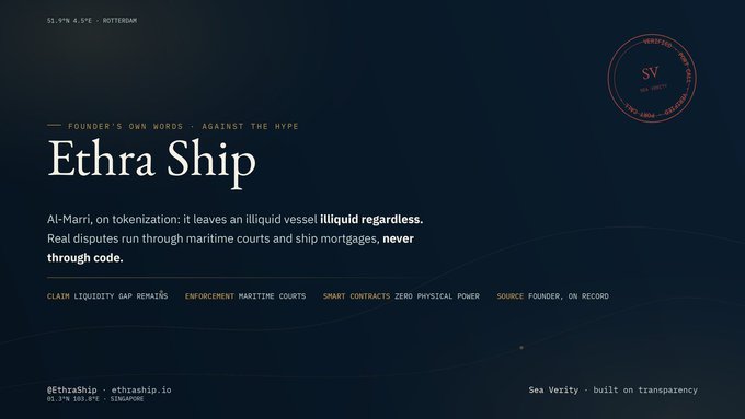 A dark promotional banner for 'Ethra Ship' featuring the tagline 'FOUNDER'S OWN WORDS - AGAINST THE HYPE' and a quote from Al-Marri stating that tokenization leaves illiquid assets illiquid and disputes run through maritime courts, never through code. The design includes a Sea Verity seal and tags such as 'CLAIM LIQUIDITY GAP REMAINS' and 'SOURCE FOUNDER, ON RECORD.'