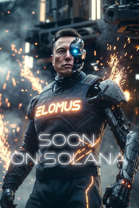 The image depicts a person wearing a suit with the words "ELOMUS" written on their chest, which suggests that they are launching an Elomus cryptocurrency project soon. The background of the image features explosions and smoke, indicating a dramatic or intense scene related to the crypto market.