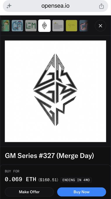 A screenshot of an opensea.io listing for an NFT titled 'GM Series #327 (Merge Day)', priced at 0.069 ETH.