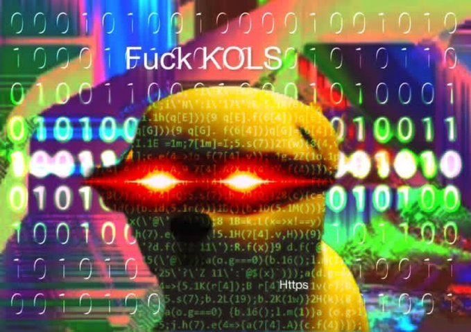 The image features a yellow dog with red eyes wearing sunglasses, looking directly at the camera. The background of the image is filled with various numbers and letters, including "FUCK KOLS", which appears to be a meme or an advertisement related to the internet. The caption below the image reads "Lol these memes are too good to ignore. So I’m just going to come out and say it: if people aren't buying $HTTPS and pushing it for the culture, it's proof they only engage in insider trading."