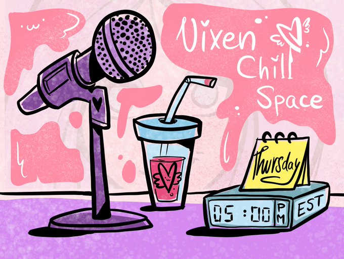 Promotional illustration for "Vixen Chill Space" featuring a microphone, a drink with a straw, and a calendar showing "Thursday" at 5:00 PM EST on a digital clock, matching the post's reminder for viewers to tune into the upcoming community podcast discussion about project updates and the OthersideMeta integration.