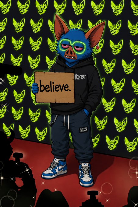 A blue furry hoodrat character wearing a "HOODRAT" hoodie and "CERTIFIED HOODRAT" sweatpants holds a cardboard "believe." sign on a red carpet, surrounded by paparazzi and a neon yellow chihuahua-print backdrop, with the $HOODRAT NFT styling.