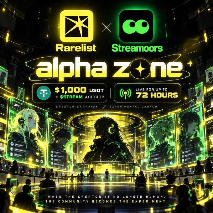 A promotional graphic for "Rarelist x Streamoors alpha zone" offering "$1,000 USDT + $STREAM AIRDROP" and "LIVE FOR UP TO 72 HOURS," featuring anime-style characters in a futuristic setting.