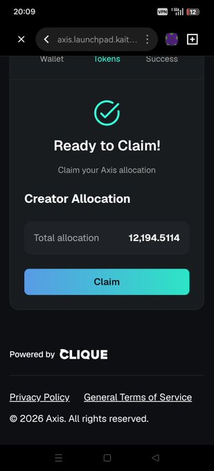 A mobile screenshot of the Kaito AI “Tokens” page shows a “Ready to Claim!” notice for the Axis creator allocation, with 12,194.5114 tokens available and a blue-to-green “Claim” button. The page is powered by “CLIQUE” and references the accompanying Axis airdrop.