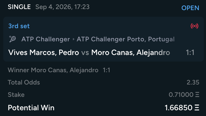 A betting slip showing a live ATP Challenger Porto tennis match between Vives Marcos, Pedro and Moro Canas, Alejandro, with a wager of 0.71000 at 2.35 odds on Moro Canas to win the 3rd set, currently tied 1:1, yielding a potential win of 1.66850.

The image directly corresponds to the post's mention of "taking Moro Canas to fight back in the 3rd from a break down," as the bet was placed on Moro Canas to win the 3rd set of his ATP Challenger match.