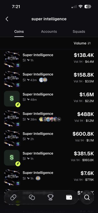 A screenshot of a crypto tracking app showing the "Super Intelligence" (SI) coin listings page with multiple SI tokens ranked by volume, ranging from $7.6K to $1.6M in 1-hour trading volume. The image visually supports the post's commentary on the proliferation of "Super Intelligence" tokens being traded against each other, highlighting the user's exhaustion ("I'm tired") at sorting through the various competing SI memecoins with different value propositions mentioned in the caption.
