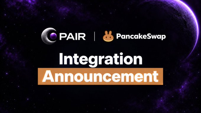 The image is a promotional graphic featuring the logos of "PAIR" and "PancakeSwap" side-by-side against a dark cosmic/space-themed background with purple nebulae and a planet. Below the logos, bold text reads "Integration Announcement," visually reinforcing the post's message that PAIR has integrated with PancakeSwap as its default graduation platform for tokenized asset trading.