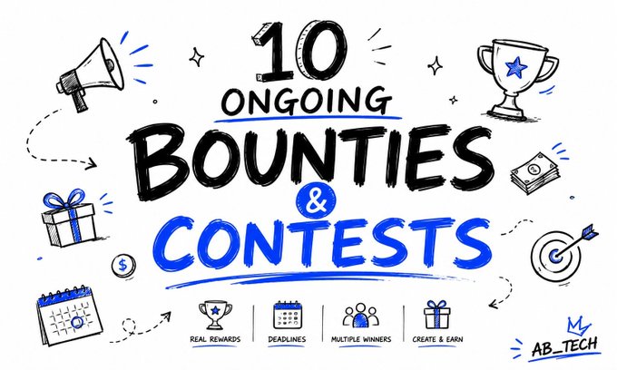 A graphic announcing '10 ONGOING BOUNTIES & CONTESTS' with icons for a megaphone, trophy, gift, target, and calendar, branding from 'AB_TECH'.