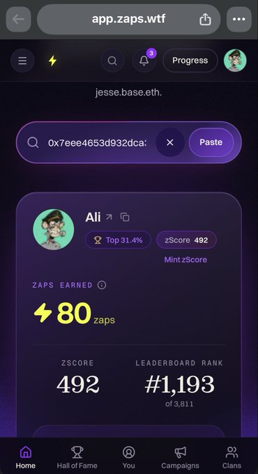 A mobile screenshot of the app.zaps.wtf interface showing a profile for 'Ali' with 'zScore 492', 'ZAPS EARNED 80 zaps', and 'LEADERBOARD RANK #1,193 of 3,811'.