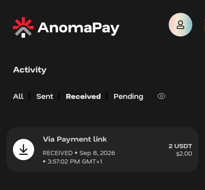 An AnomaPay app interface shows an Activity log under the 'Received' tab with a single transaction: 'Via Payment link' of 2 USDT ($2.00) received on Sep 8, 2026 at 3:57:02 PM GMT+1.