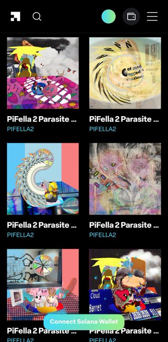 A mobile app screen displaying a grid of digital artwork thumbnails titled 'PiFella 2 Parasite...' by the artist PIFELLA2, with a 'Connect Solana Wallet' button visible at the bottom.