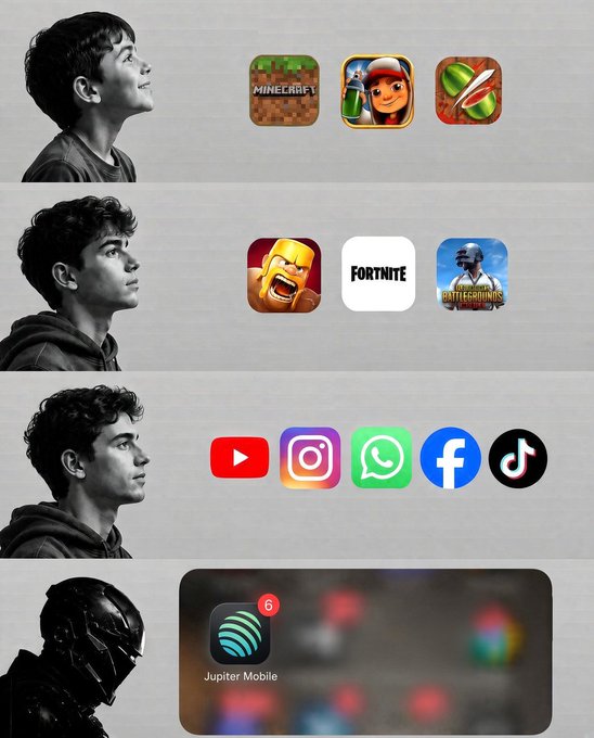 The image is a four-panel evolution meme showing a young boy progressing into a teenager, then into a young man, and finally into a masked figure, alongside icons representing different stages: child-friendly mobile games (Minecraft, Subway Surfers, Fruit Ninja), action/battle games (Clash of Clans, Fortnite, PUBG), social media apps (YouTube, Instagram, WhatsApp, Facebook, TikTok), and finally Jupiter Mobile with 6 notifications. The caption "POV: You evolved." cleverly illustrates the nostalgic progression of gaming and digital habits from childhood simplicity to adult sophistication.