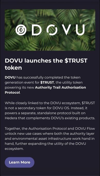 The image is a promotional graphic featuring the DOVU logo over a tropical leaf background, announcing the launch of the $TRUST token. The text explains that $TRUST is a utility token powering DOVU's new Authority Trail Authorisation Protocol, built on Hedera to complement the existing DOVU ecosystem. This aligns with the post thanking HashPack for featuring the announcement of $TRUST, which powers the Authority Trail protocol for verifiable authority on Hedera.