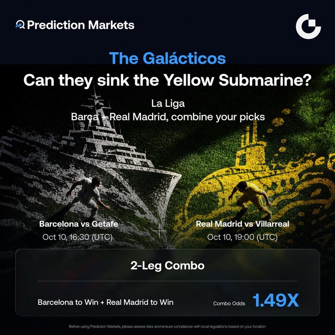 A Prediction Markets promo for "The Galácticos" La Liga combo bet, featuring a 1.49x odds offer for Barcelona to win (vs Getafe, Oct 10, 16:30 UTC) and Real Madrid to win (vs Villarreal, Oct 10, 19:00 UTC), themed around sinking the "Yellow Submarine." The image visually supports the post's call to back both giants with naval battleship graphics and dollar-sign imagery tying into the winning streak narrative.