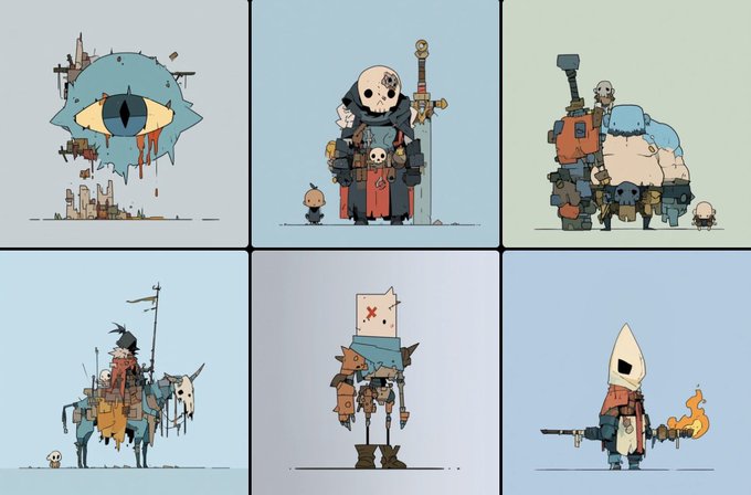 Six illustrations in a grid showing dark, whimsical cartoon characters, including a floating eyeball, a warrior with a sword, a horned beast, a witch riding a horse, a robot-like creature, and a cloaked figure with a staff, rendered in a muted color palette.