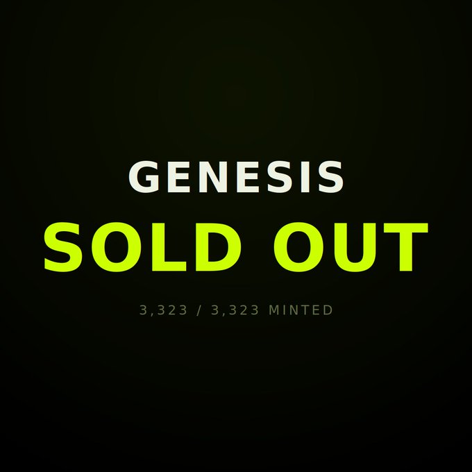 A digital graphic with a black background displays the text "GENESIS" in white above "SOLD OUT" in bold yellow-green, with "3,323 / 3,323 MINTED" shown below, confirming the complete sell-out status of the Genesis NFT collection referenced in the post.