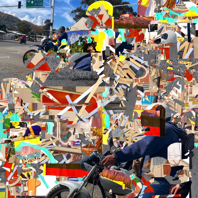 A heavily glitched/collage-style image showing fragmented wooden shapes, colorful abstract elements, and partial views of people with motorcycles in an outdoor setting with tents and mountains.