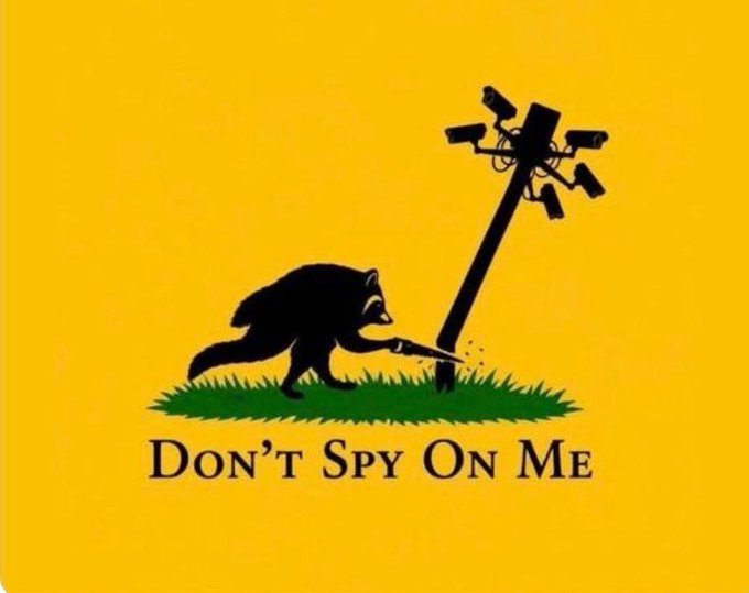 A yellow flag-style graphic showing a raccoon pulling down a surveillance camera on a pole, with the text 'DON'T SPY ON ME' below.