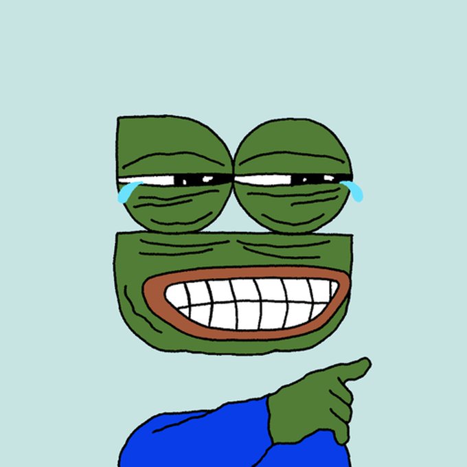 A cartoon drawing of a green, frog-like face with a wide toothy grin and a blue-shirted arm pointing to the right.