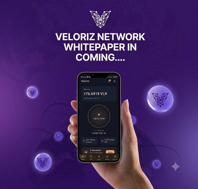A promotional graphic for 'VELORIZ NETWORK' announces 'WHITEPAPER IN COMING...' and shows a phone screen displaying a balance of 176.6919 VLR.