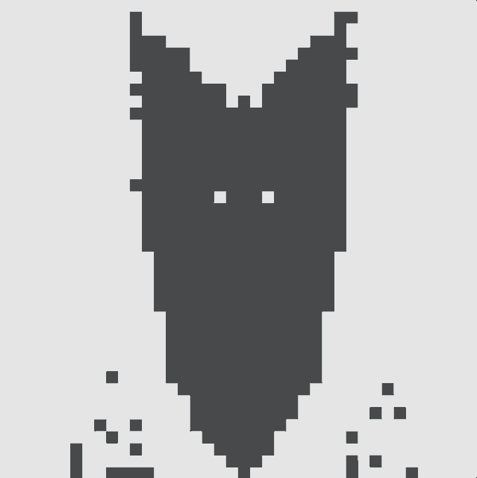 A minimalist pixel-art style black silhouette of a horned creature or mask with two small white square eyes on a white background, with scattered pixel fragments below.