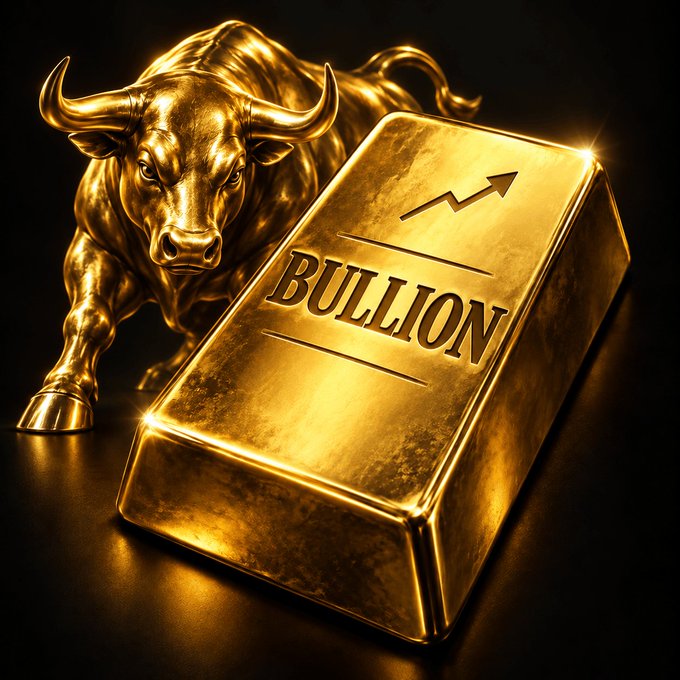 A 3D render of a golden bull statue behind a large gold bar labeled 'BULLION' with an upward trending arrow.