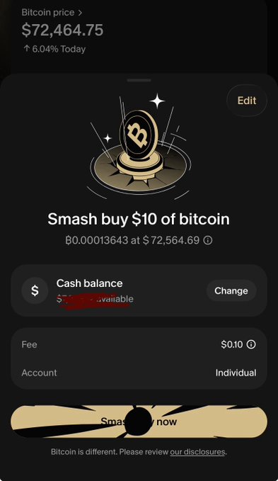 A screenshot of the "Smash buy $10 of bitcoin" button on the River app, showing BTC at $72,464.75 (+6.04% today), with 0.00013643 BTC being purchased at $72,564.69 plus a $0.10 fee—illustrating the exact feature referenced in the post jokingly credited with launching Bitcoin's bull market.