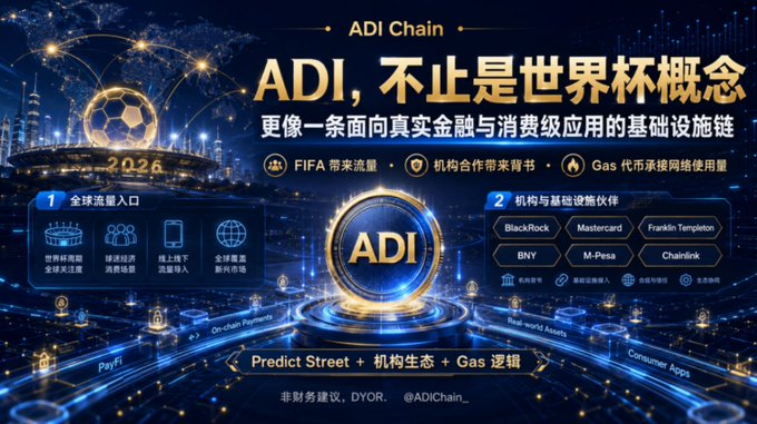 Promotional graphic for 'ADI Chain' with Chinese text 'ADI, 不止是世界杯概念' (ADI is more than just a World Cup concept), featuring FIFA World Cup 2026 imagery and partner names like BlackRock, Mastercard, Franklin Templeton, BNY, M-Pesa, and Chainlink.