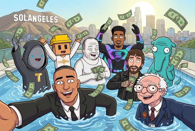 A colorful cartoon illustration labeled 'SOLANGELES' shows various crypto and pop-culture characters (including Wojak, NPCs, and a figure in a SuitMan shirt) in a pool surrounded by money, with the Los Angeles skyline in the background.