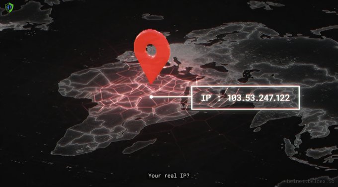 A stylized dark digital map of Europe with a red location pin and a label showing 'IP: 103.53.247.122' alongside the text 'Your real IP?' and a 'beinetbuilder.io' watermark.