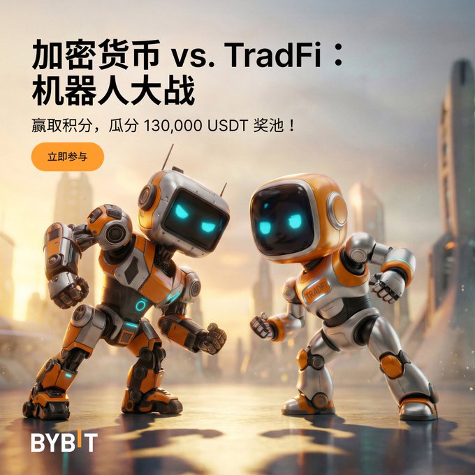 The image features two robot figures, one orange and one white, standing next to each other with their arms crossed. The text "加密货币 vs. TradFi:加入机器人大战瓜分高达 130,000 万 USDT ！ 活动时间：2026 年 5 月 12 万 乐草" is displayed above the robots. The image also includes a watermark that reads "spr.ly/6013B8SYHf #CryptoArk #Bybit".