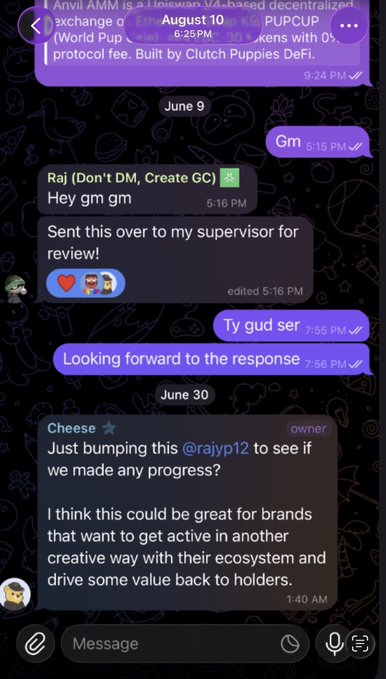 The image shows a Telegram conversation with "Raj" discussing a project called "PUPCUP," where Cheese is asked to bump @rajyp12 to check on progress, mentioning potential benefits for brands engaging with the ecosystem. This appears to illustrate the referenced story about SimpleFarmer reaching out to the Abstract ecosystem team on June 13th and being ignored—a missed opportunity given the project's subsequent success.