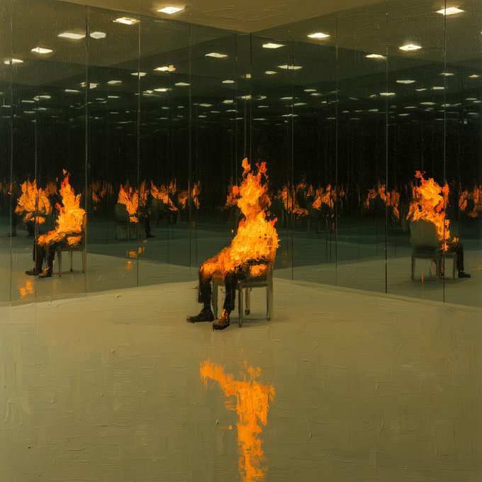 A burning figure sits engulfed in flames on a chair within a mirrored room, its reflection multiplying endlessly across the walls and casting a fiery glow onto the polished floor—echoing the post's theme that "we see ourselves the most," as the mirrors transform the single burning self into an infinite reflection of the viewer.