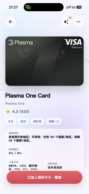 A screenshot of the **Plasma One Card** (Plasma One Visa Platinum), showing a 4.3-star rating with 420 reviews, 2%/4% cashback, and it has already been added to "my cards." According to the caption, this is one of three frustrating crypto cards the user has been repeatedly rejected from—applied for 6 times with no success—highlighting the persistent difficulty of getting approved for the card despite its attractive rewards.