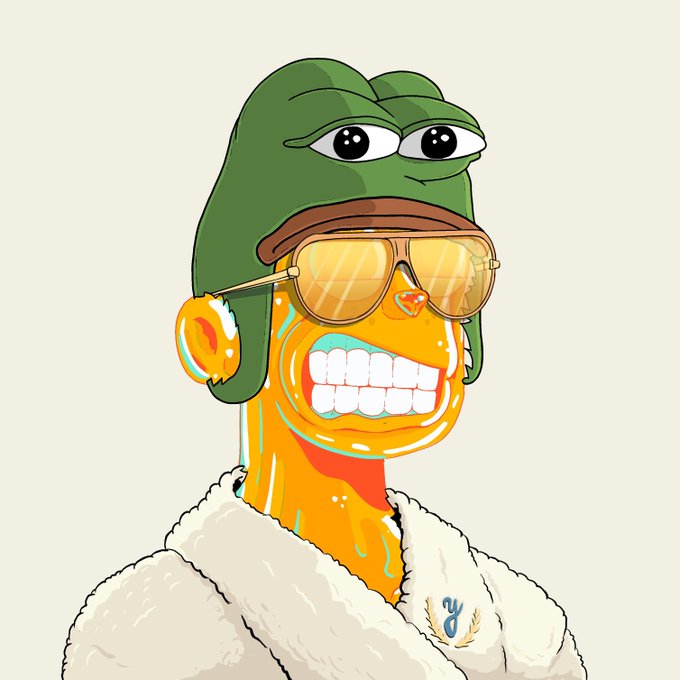 A surreal digital illustration of a character's face with bright orange skin, a wide toothy grin, and large yellow aviator sunglasses, wearing a green frog-shaped hat and a fluffy white jacket with a small logo.