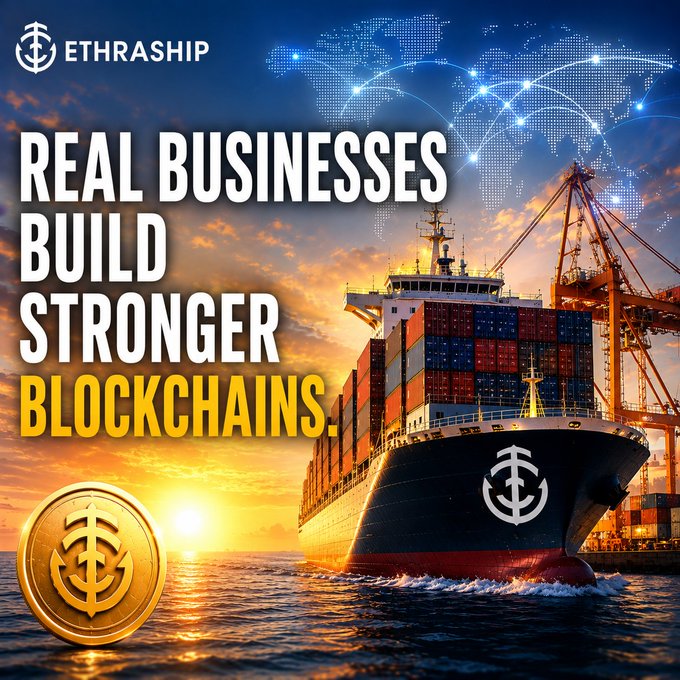 An advertisement for 'ETHRASHIP' with the tagline 'REAL BUSINESSES BUILD STRONGER BLOCKCHAINS' featuring a large container ship at sunset.