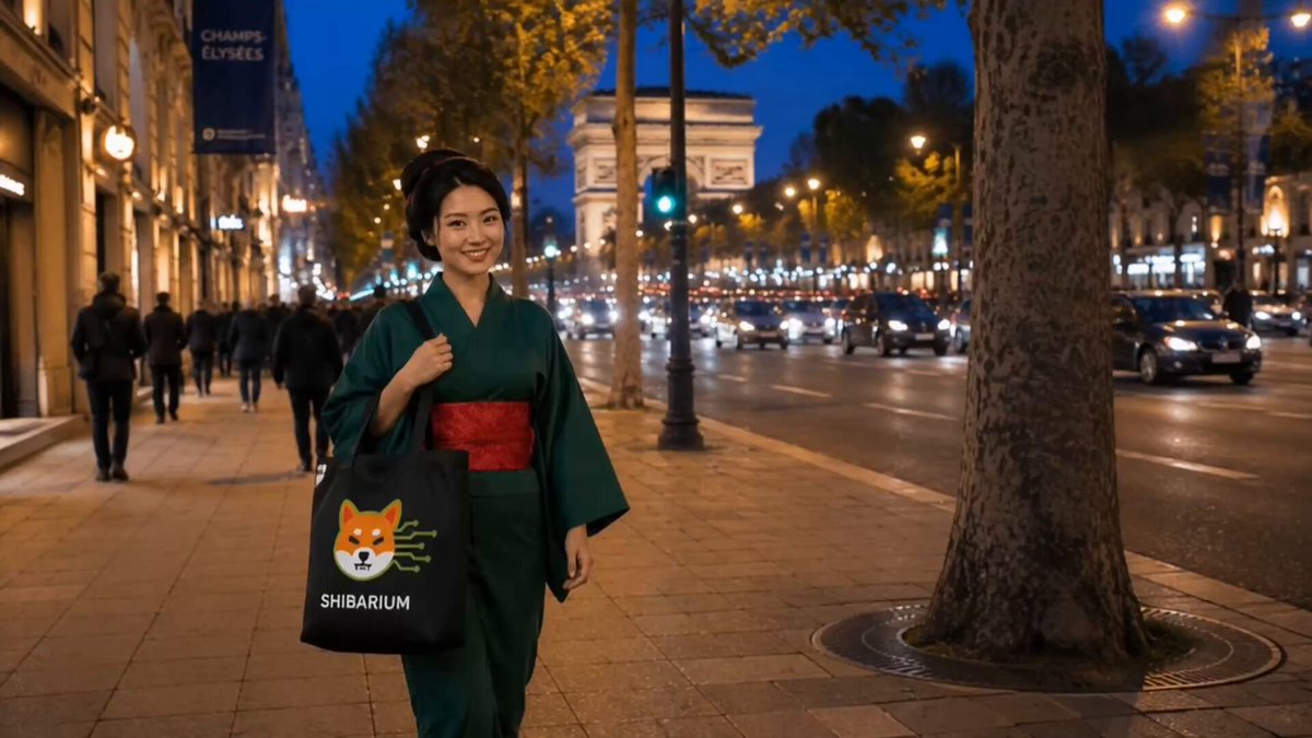 The image features a woman dressed in traditional Japanese attire, walking down a city street at night with a black bag featuring an orange and white design. The background shows the lights of Paris illuminating the scene, creating a contrast between the elegance of the Japanese culture and the modernity of the city's nightlife.