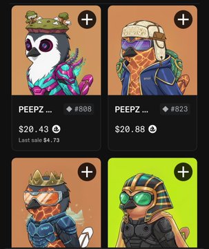 A digital marketplace displays four 'PEEPZ' NFT characters priced between $20.43 and $20.88, with last sale prices listed at the bottom.