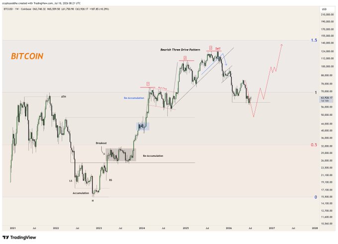 A weekly candlestick chart of Bitcoin (BTC/USD) from TradingView spanning 2021 to 2028, annotated with technical analysis labels including "Bearish Three Drive Pattern," "Re-accumulation," "Breakout," "LS," "RS," and "ATH," illustrating the post's $BTC analysis with a marked "Sell" point near the 140,000 level and projected price targets.