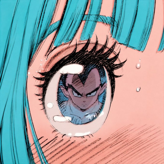 An anime-style illustration features a close-up of a large eye with teal hair reflecting the character Vegeta from Dragon Ball Z in its pupil.