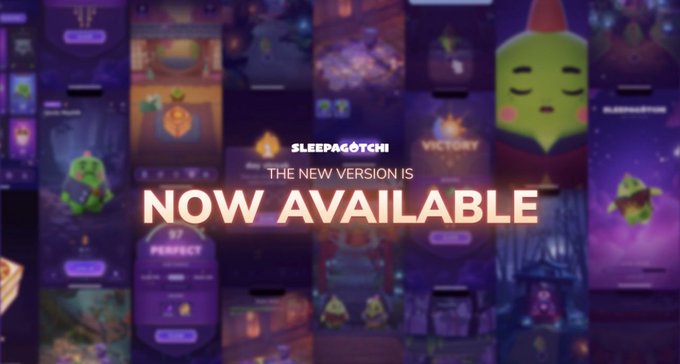A promotional graphic announces "SLEEPAGOTCHI - THE NEW VERSION IS NOW AVAILABLE" displayed over a purple-toned collage of game screenshots.