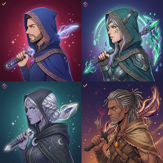 A 2x2 grid of fantasy character illustrations featuring a hooded swordsman in blue, an elven mage with green crystals, a pale elf witch with a dagger, and a dreadlocked warrior with a flaming sword.