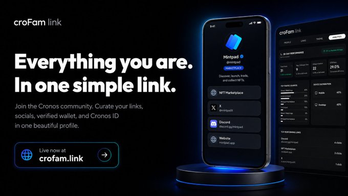 An advertisement for "croFam link" displaying the tagline "Everything you are. In one simple link," promoting the Mintpad NFT marketplace and Cronos community on mobile and desktop interfaces.