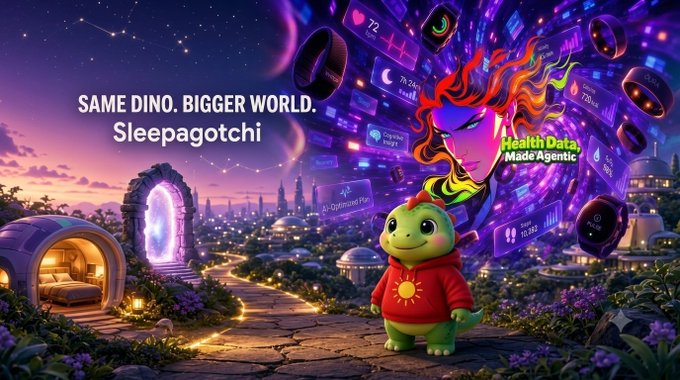 An advertisement for 'Sleepagotchi' featuring the tagline 'SAME DINO. BIGGER WORLD.' showing a green dinosaur mascot in a red hoodie against a colorful sci-fi cityscape background.
